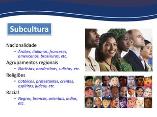 Subcultura
Nacionalidade
• Árabes, italianos, franceses,
americanos, brasileiros, etc.
Agrupamentos regionais
• Nortistas, nordestinos, sulistas, etc.
Religiões
• Católicos, protestantes, crentes,
espíritas, judeus, etc.
Racial
• Negros, brancos, orientais, índios,
etc.
 