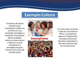 Exemplo:Cultura
Smartphones
O interesse de jovens
brasileiros por
smartphones reflete seu
convívio em uma
sociedade tecnol...