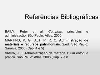 Referências Bibliográficas
BAILY, Peter et al. Compras: princípios e
administração. São Paulo: Atlas, 2000.
MARTINS, P. G.; ALT, P. R. C. Administração de
materiais e recursos patrimoniais. 2.ed. São Paulo:
Saraiva, 2006 (Cap. 4 e 5)
VIANA, J. J. Administração de materiais: um enfoque
prático. São Paulo: Atlas, 2008 (Cap. 7 e 8
 