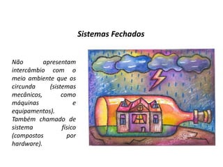 Sistemas Fechados


Não        apresentam
intercâmbio com o
meio ambiente que os
circunda     (sistemas
mecânicos,        como
máquinas               e
equipamentos).
Também chamado de
sistema           físico
(compostos          por
hardware).
 