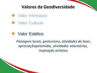 ❖ Valor Intrínseco
❖ Valor Cultural
❖ Valor Estético
Paisagens locais, geoturismo, atividades de lazer,
apreciaçãopelamídia, atividades voluntárias,
inspiração artística
Valores da Geodiversidade
 