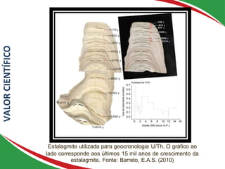 Estalagmite utilizada para geocronologia U/Th. O gráﬁco ao
lado corresponde aos últimos 15 mil anos de crescimento da
estalagmite. Fonte: Barreto, E.A.S. (2010)
VALOR
CIENTÍFICO
 