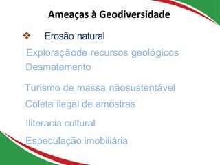 ❖ Erosão natural
Exploraçãode recursos geológicos
Desmatamento
Turismo de massa nãosustentável
Coleta ilegal de amostras
Iliteracia cultural
Especulação imobiliária
Ameaças à Geodiversidade
 