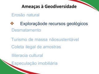 Erosão natural
❖ Exploraçãode recursos geológicos
Desmatamento
Turismo de massa nãosustentável
Coleta ilegal de amostras
Iliteracia cultural
Especulação imobiliária
Ameaças à Geodiversidade
 