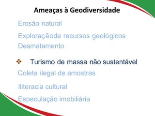 Erosão natural
Exploraçãode recursos geológicos
Desmatamento
❖ Turismo de massa não sustentável
Coleta ilegal de amostras
Iliteracia cultural
Especulação imobiliária
Ameaças à Geodiversidade
 