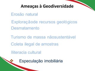 Erosão natural
Exploraçãode recursos geológicos
Desmatamento
Turismo de massa nãosustentável
Coleta ilegal de amostras
Iliteracia cultural
❖ Especulação imobiliária
Ameaças à Geodiversidade
 