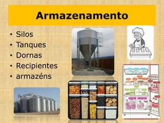 Armazenamento
• Silos
• Tanques
• Dornas
• Recipientes
• armazéns
 