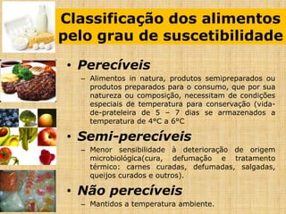 Classificação dos alimentos
pelo grau de suscetibilidade
• Perecíveis
– Alimentos in natura, produtos semipreparados ou
produtos preparados para o consumo, que por sua
natureza ou composição, necessitam de condições
especiais de temperatura para conservação (vida-
de-prateleira de 5 – 7 dias se armazenados a
temperatura de 4°C a 6°C
• Semi-perecíveis
– Menor sensibilidade à deterioração de origem
microbiológica(cura, defumação e tratamento
térmico: carnes curadas, defumadas, salgadas,
queijos curados e outros).
• Não perecíveis
– Mantidos a temperatura ambiente.
 
