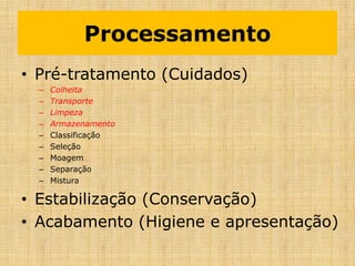 Processamento
• Pré-tratamento (Cuidados)
– Colheita
– Transporte
– Limpeza
– Armazenamento
– Classificação
– Seleção
– Moagem
– Separação
– Mistura
• Estabilização (Conservação)
• Acabamento (Higiene e apresentação)
 