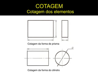 Cotagem da forma de prisma
Cotagem da forma do cilindro
Cotagem dos elementos
COTAGEM
 