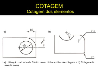 a) Utilização da Linha de Centro como Linha auxiliar de cotagem e b) Cotagem de
raios de arcos.
a) b)
Cotagem dos elementos
COTAGEM
 