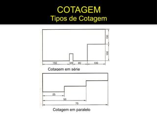 Cotagem em paralelo
Cotagem em série
Tipos de Cotagem
COTAGEM
 
