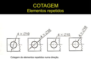 Cotagem de elementos repetidos numa direção.
COTAGEM
Elementos repetidos
 