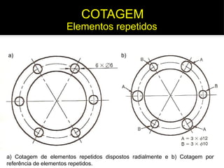 a) Cotagem de elementos repetidos dispostos radialmente e b) Cotagem por
referência de elementos repetidos.
a) b)
COTAGEM
Elementos repetidos
 