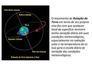 O movimento de Rotação da
Terra em torno de seu próprio
eixo faz com que qualquer
local da superfície terrestre
tenha variação diária em suas
condições meteorológicas,
especialmente na radiação
solar e na temperatura do ar.
Isso gera a escala diária de
variação das condições
meteorológicas.
 
