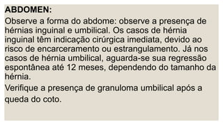ABDOMEN:
Observe a forma do abdome: observe a presença de
hérnias inguinal e umbilical. Os casos de hérnia
inguinal têm indicação cirúrgica imediata, devido ao
risco de encarceramento ou estrangulamento. Já nos
casos de hérnia umbilical, aguarda-se sua regressão
espontânea até 12 meses, dependendo do tamanho da
hérnia.
Verifique a presença de granuloma umbilical após a
queda do coto.
 