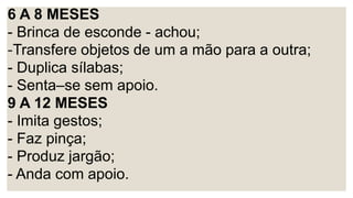 6 A 8 MESES
- Brinca de esconde - achou;
-Transfere objetos de um a mão para a outra;
- Duplica sílabas;
- Senta–se sem apoio.
9 A 12 MESES
- Imita gestos;
- Faz pinça;
- Produz jargão;
- Anda com apoio.
 