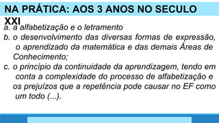 NA PRÁTICA: AOS 3 ANOS NO SECULO
XXI
a. a alfabetização e o letramento
b. o desenvolvimento das diversas formas de expressão,
o aprendizado da matemática e das demais Áreas de
Conhecimento;
c. o princípio da continuidade da aprendizagem, tendo em
conta a complexidade do processo de alfabetização e
os prejuízos que a repetência pode causar no EF como
um todo (...).
 