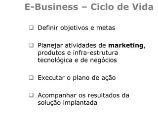 E-Business – Ciclo de Vida
 Definir objetivos e metas
 Planejar atividades de marketing,
produtos e infra-estrutura
tecnológica e de negócios
 Executar o plano de ação
 Acompanhar os resultados da
solução implantada
 