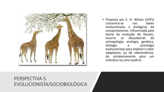 PERSPECTIVA 5.
EVOLUCIONISTA/SOCIOBIOLÓGICA
• Proposta por E. O. Wilson (1975)
concentra-se nas bases
evolucionistas e biológicas do
comportamento. Influenciada pela
teoria da evolução de Darwin,
recorre as descobertas da
antropologia, ecologia, genética,
etologia e psicologia
evolucionistas para explicar o valor
adaptativo, ou de sobrevivência,
do comportamento para um
indivíduo ou uma espécie.
 