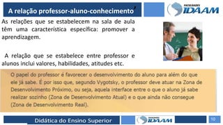 ELABORAÇÃO DE RELATÓRIOS TÉCNICOS
A relação professor-aluno-conhecimento’
As relações que se estabelecem na sala de aula
têm uma característica específica: promover a
aprendizagem.
A relação que se estabelece entre professor e
alunos inclui valores, habilidades, atitudes etc.
10
 