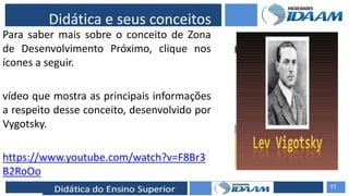 ELABORAÇÃO DE RELATÓRIOS TÉCNICOS
Didática e seus conceitos
Para saber mais sobre o conceito de Zona
de Desenvolvimento Próximo, clique nos
ícones a seguir.
vídeo que mostra as principais informações
a respeito desse conceito, desenvolvido por
Vygotsky.
https://www.youtube.com/watch?v=F8Br3
B2RoOo
11
 