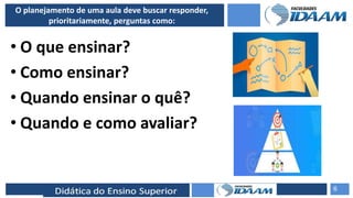 ELABORAÇÃO DE RELATÓRIOS TÉCNICOS
O planejamento de uma aula deve buscar responder,
prioritariamente, perguntas como:
• O que ensinar?
• Como ensinar?
• Quando ensinar o quê?
• Quando e como avaliar?
6
 