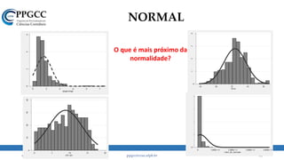 NORMAL
www.ccsa.ufpb.br/ppgcc ppgcc@ccsa.ufpb.br 14
0246
Density
0 .2 .4 .6 .8 1
rpegaverage
0
10203040
Frequency
0 5 10 15 20
cob_eps
0
.1.2.3.4
Density
18 20 22 24 26
lnvm
O que é mais próximo da
normalidade?
0
1.0e-112.0e-113.0e-114.0e-11
Density
0 1.000e+11 2.000e+11 3.000e+11 4.000e+11
valor_de_mercado
 