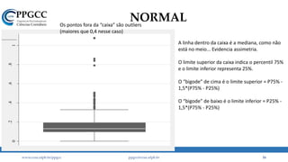 0
.2.4.6.8
1
NORMAL
www.ccsa.ufpb.br/ppgcc ppgcc@ccsa.ufpb.br 16
Os pontos fora da “caixa” são outliers
(maiores que 0,4 nesse caso)
A linha dentro da caixa é a mediana, como não
está no meio... Evidencia assimetria.
O limite superior da caixa indica o percentil 75%
e o limite inferior representa 25%.
O “bigode” de cima é o limite superior = P75% -
1,5*(P75% - P25%)
O “bigode” de baixo é o limite inferior = P25% -
1,5*(P75% - P25%)
 