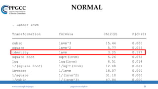 NORMAL
www.ccsa.ufpb.br/ppgcc ppgcc@ccsa.ufpb.br 23
1/cubic 1/(lnvm^3) 47.04 0.000
1/square 1/(lnvm^2) 31.10 0.000
inverse 1/lnvm 18.07 0.000
1/(square root) 1/sqrt(lnvm) 12.80 0.002
log log(lnvm) 8.51 0.014
square root sqrt(lnvm) 5.26 0.072
identity lnvm 3.25 0.197
square lnvm^2 5.77 0.056
cubic lnvm^3 15.44 0.000
Transformation formula chi2(2) P(chi2)
. ladder lnvm
 