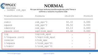 NORMAL
www.ccsa.ufpb.br/ppgcc ppgcc@ccsa.ufpb.br 26
1/cubic 1/(cob_eps^3) . .
1/square 1/(cob_eps^2) . .
inverse 1/cob_eps . .
1/(square root) 1/sqrt(cob_eps) . .
log log(cob_eps) . .
square root sqrt(cob_eps) 43.48 0.000
identity cob_eps 63.13 0.000
square cob_eps^2 34.52 0.000
cubic cob_eps^3 42.33 0.000
Transformation formula chi2(2) P(chi2)
. ladder cob_eps Por que será que nenhuma transformação deu jeito? Pense e
confirme o raciocínio no próximo slide
 