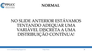 NORMAL
NO SLIDE ANTERIOR ESTÁVAMOS
TENTANDO ADEQUAR UMA
VARIÁVEL DISCRETA A UMA
DISTRIBUIÇÃO CONTÍNUA!
www.contabilidademq.blogspot.com Felipe Pontes 28
 