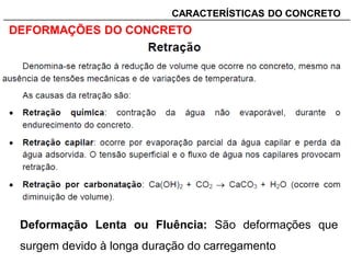 _______________________________________________________________________CARACTERÍSTICAS DO CONCRETO
DEFORMAÇÕES DO CONCRETO
Deformação Lenta ou Fluência: São deformações que
surgem devido à longa duração do carregamento
 