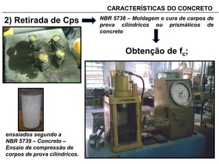 CARACTERÍSTICAS DO CONCRETO_______________________________________________________________________
2) Retirada de Cps NBR 5738 – Moldagem e cura de corpos de
prova cilíndricos ou prismáticos de
concreto
Obtenção de fc;
ensaiados segundo a
NBR 5739 – Concreto –
Ensaio de compressão de
corpos de prova cilíndricos.
 