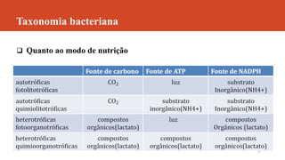  Quanto ao modo de nutrição
Taxonomia bacteriana
 