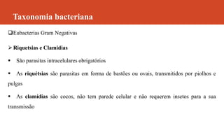 Taxonomia bacteriana
Eubacterias Gram Negativas
Riquetsias e Clamidias
 São parasitas intracelulares obrigatórios
 As riquétsias são parasitas em forma de bastões ou ovais, transmitidos por piolhos e
pulgas
 As clamídias são cocos, não tem parede celular e não requerem insetos para a sua
transmissão
 