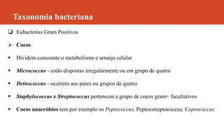 Taxonomia bacteriana
 Eubacterias Gram Positivas
 Cocos
 Dividem consoante o metabolismo e arranjo celular
 Micrococcus - estão dispostas irregularmente ou em grupo de quatro
 Deinococcus - ocorrem aos pares ou grupos de quatro
 Staphylococcus e Streptococcus pertencem a grupo de cocos gram+ facultativos
 Cocos anaeróbios tem por exemplo os Peptococcus, Peptoestreptococcus, Coprococcus
 