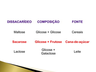 DISSACARÍDEO COMPOSIÇÃO FONTE 
Maltose Glicose + Glicose Cereais 
Sacarose Glicose + Frutose Cana-de-açúcar 
Lactose Glicose + 
Galactose Leite 
 
