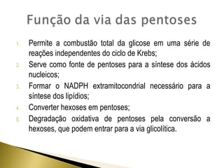1. Permite a combustão total da glicose em uma série de 
reações independentes do ciclo de Krebs; 
2. Serve como fonte de pentoses para a síntese dos ácidos 
nucleicos; 
3. Formar o NADPH extramitocondrial necessário para a 
síntese dos lipídios; 
4. Converter hexoses em pentoses; 
5. Degradação oxidativa de pentoses pela conversão a 
hexoses, que podem entrar para a via glicolítica. 
 