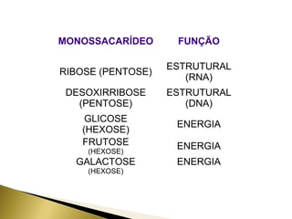 MONOSSACARÍDEO FUNÇÃO 
RIBOSE (PENTOSE) ESTRUTURAL 
(RNA) 
DESOXIRRIBOSE 
(PENTOSE) 
ESTRUTURAL 
(DNA) 
GLICOSE 
(HEXOSE) ENERGIA 
FRUTOSE 
(HEXOSE) ENERGIA 
GALACTOSE 
(HEXOSE) 
ENERGIA 
 