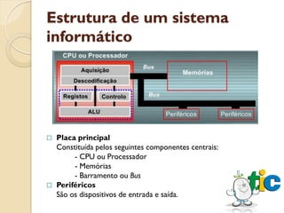 Estrutura de um sistema
informático




   Placa principal
    Constituída pelos seguintes componentes centrais:
         - CPU ou Processador
         - Memórias
         - Barramento ou Bus
   Periféricos
    São os dispositivos de entrada e saída.
 