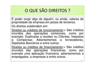 O QUE SÃO DIREITOS ?
È poder exigir algo de alguém, ou ainda, valores de
propriedade da empresa em posse de terceiros.
Os direitos subdividem em:
Direitos ou créditos de funcionamento:> São créditos
oriundos das operações comerciais, como por
exemplo: Duplicatas a receber ou Clientes, Impostos
a Compensar, Adiantamentos a fornecedores,
Depósitos Bancários e entre outros.
Direitos ou créditos de financiamento:> São créditos
oriundos das operações financeiras, como por
exemplo uma aplicação financeira, adiantamentos a
empregados, a empresas e entre outros.
20
 