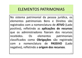 ELEMENTOS PATRIMONIAS
No sistema patrimonial da pessoa jurídica, os
elementos patrimoniais Bens e Direitos são
registrados com a nomenclatura de ATIVO (Lado
positivo), refletindo as aplicações de recursos
que os administradores fizeram dos recursos
recebidos. Os elementos patrimoniais
classificados como Obrigações são registrado
com a nomenclatura de PASSIVO (Lado
negativo), refletindo a origem dos recursos.
23
 