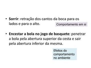 • Sorrir: retração dos cantos da boca para os
lados e para o alto.
• Encestar a bola no jogo de basquete: penetrar
a bola pela abertura superior da cesta e sair
pela abertura inferior da mesma.
Comportamento em si
Efeitos do
comportamento
no ambiente
 