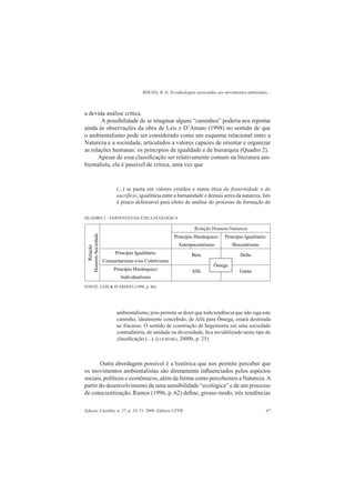 ROCHA, R. G. Ecoideologias associadas aos movimentos ambientais...
Educar, Curitiba, n. 27, p. 55-73, 2006. Editora UFPR 67
a devida análise crítica.
A possibilidade de se imaginar alguns “caminhos” poderia nos reportar
ainda às observações da obra de Leis e D’Amato (1998) no sentido de que
o ambientalismo pode ser considerado como um esquema relacional entre a
Natureza e a sociedade, articulados a valores capazes de orientar e organizar
as relações humanas: os princípios de igualdade e de hierarquia (Quadro 2).
Apesar de essa classiﬁcação ser relativamente comum na literatura am-
bientalista, ela é passível de crítica, uma vez que
(...) se pauta em valores cristãos e numa ética da fraternidade e do
sacrifício, igualitária entre a humanidade e demais seres da natureza. Isto
é pouco defensável para efeito de análise do processo de formação do
ambientalismo, pois permite se dizer que toda tendência que não siga este
caminho, idealmente concebido, de Alfa para Ômega, estará destinada
ao fracasso. O sentido de construção de hegemonia em uma sociedade
contraditória, de unidade na diversidade, ﬁca inviabilizado neste tipo de
classiﬁcação (...). (LOUREIRO, 2000b, p. 25)
Outra abordagem possível é a histórica que nos permite perceber que
os movimentos ambientalistas são diretamente inﬂuenciados pelos aspectos
sociais, políticos e econômicos, além da forma como percebemos a Natureza.A
partir do desenvolvimento de uma sensibilidade “ecológica” e de um processo
de conscientização, Ramos (1996, p. 62) deﬁne, grosso modo, três tendências
QUADRO 2 - VERTENTES DA ÉTICA ECOLÓGICA
FONTE: LEIS & D’AMATO (1998, p. 86).
 
