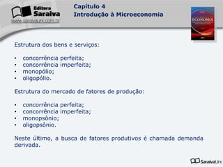 Capítulo 4
Introdução à Microeconomia
Estrutura dos bens e serviços:
• concorrência perfeita;
• concorrência imperfeita;
• monopólio;
• oligopólio.
Estrutura do mercado de fatores de produção:
• concorrência perfeita;
• concorrência imperfeita;
• monopsônio;
• oligopsônio.
Neste último, a busca de fatores produtivos é chamada demanda
derivada.
 