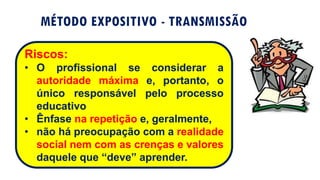 MÉTODO EXPOSITIVO - TRANSMISSÃO
Riscos:
• O profissional se considerar a
autoridade máxima e, portanto, o
único responsável pelo processo
educativo
• Ênfase na repetição e, geralmente,
• não há preocupação com a realidade
social nem com as crenças e valores
daquele que “deve” aprender.
 