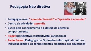 Pedagogia Não diretiva
• Pedagogia nova: “ aprender fazendo” e “aprender a aprender”
• Centro da atividade: aprendiz
• Busca pelo conhecimento e o desejo de alterar o
comportamento
• Piaget (perspectiva construtivista- autonomia)
• Paulo Freire ( Pedagogia do Oprimido- valorização da cultura,
individualidade e os conhecimentos empíricos dos educandos)
 