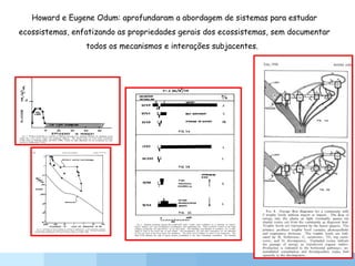 Howard e Eugene Odum: aprofundaram a abordagem de sistemas para estudar
ecossistemas, enfatizando as propriedades gerais dos ecossistemas, sem documentar
todos os mecanismos e interações subjacentes.
 