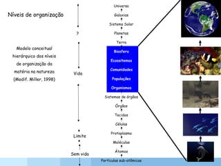 Universo
Galaxias
Sistema Solar
Planetas
Terra
Biosfera
Ecossitemas
Comunidades
Populações
Organismos
Sistemas de órgãos
Órgãos
Tecidos
Células
Protoplasma
Moléculas
Átomos
Partículas sub-atômicas
Modelo conceitual
hierárquico dos níveis
de organização da
matéria na natureza
(Modif. Miller, 1998)
Sem vida
Limite
Vida
?
Níveis de organização
 